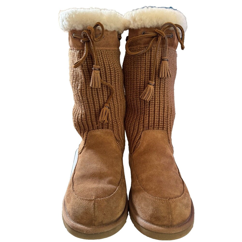UGG Australia Chestnut Knit Sweater Boots Fur Trim Tassel Suede Womens Sz 5M